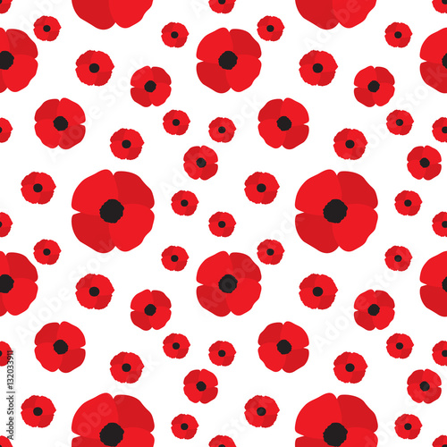 Fototapeta Naklejka Na Ścianę i Meble -  Red poppy seamless pattern. Repeating texture with flowers. Simple vector floral continuous background in flat style.