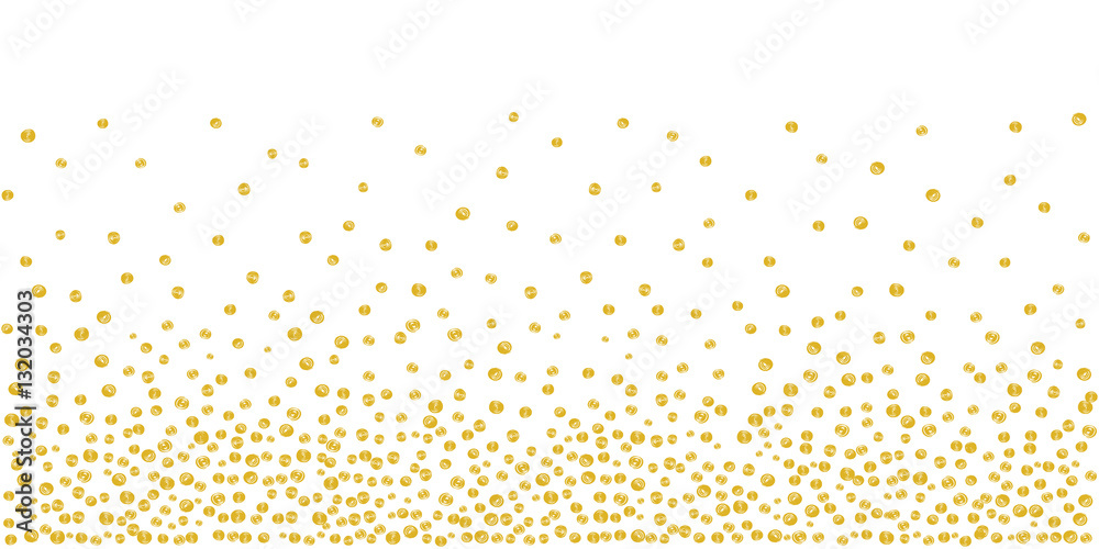 Abstract background of random falling golden dots on white. Hand drawn by markers confetti pattern. Suitable for textile, wrapping design, greeting cards etc. Vector eps8 illustration.