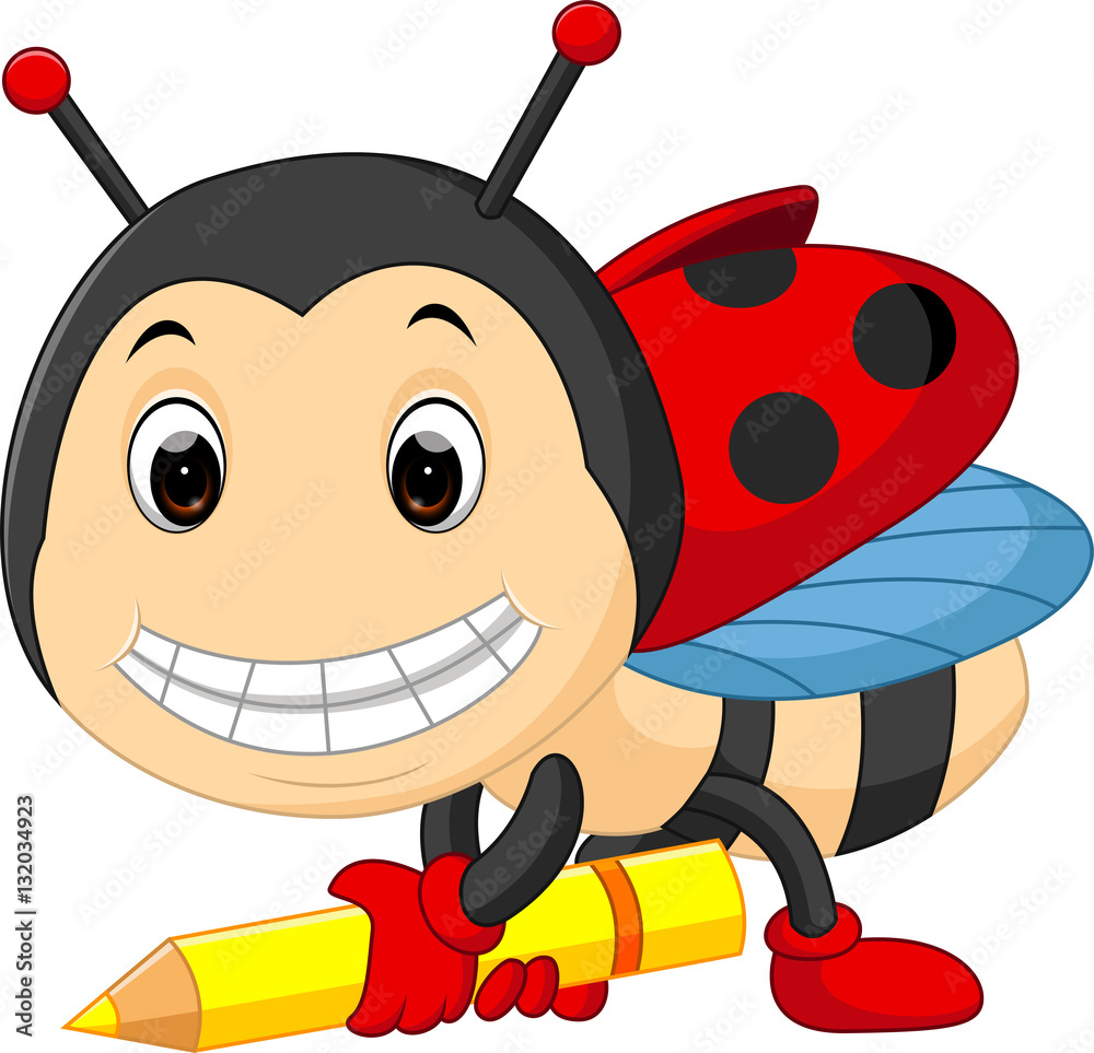 Fototapeta premium Cartoon ladybug holding pencil