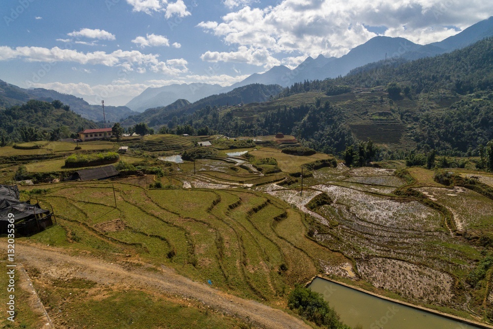 Rice Fields, Paddy in Sa Pa Lao Cai Vietnam Aerial Drone Photo