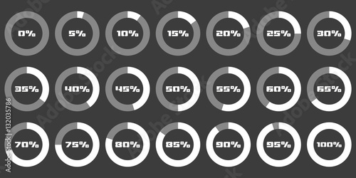 Set of circle percentage diagrams for infographics, 0 5 10 15 20 25 30 35 40 45 50 55 60 65 70 75 80 85 90 95 100 percent