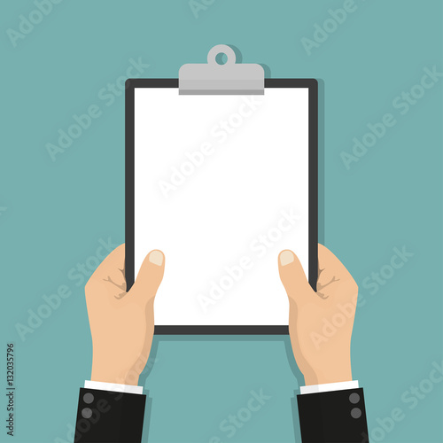Blank clipboard in hands businessman. Empty space for text. Blank sheet white paper