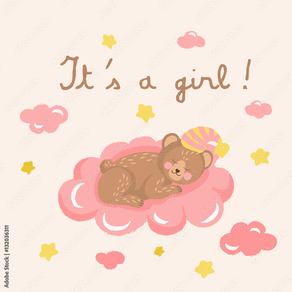 Cute sleeping bear on the cloud vector illustration. Baby shower greeting card It's a girl Cute sleeping bear on the cloud vector illustration. Baby shower greeting card It's a girl