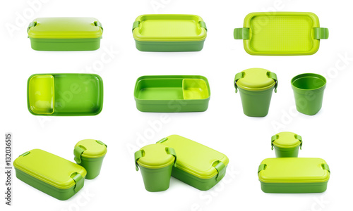 Green plastic lunch box isolated on white background