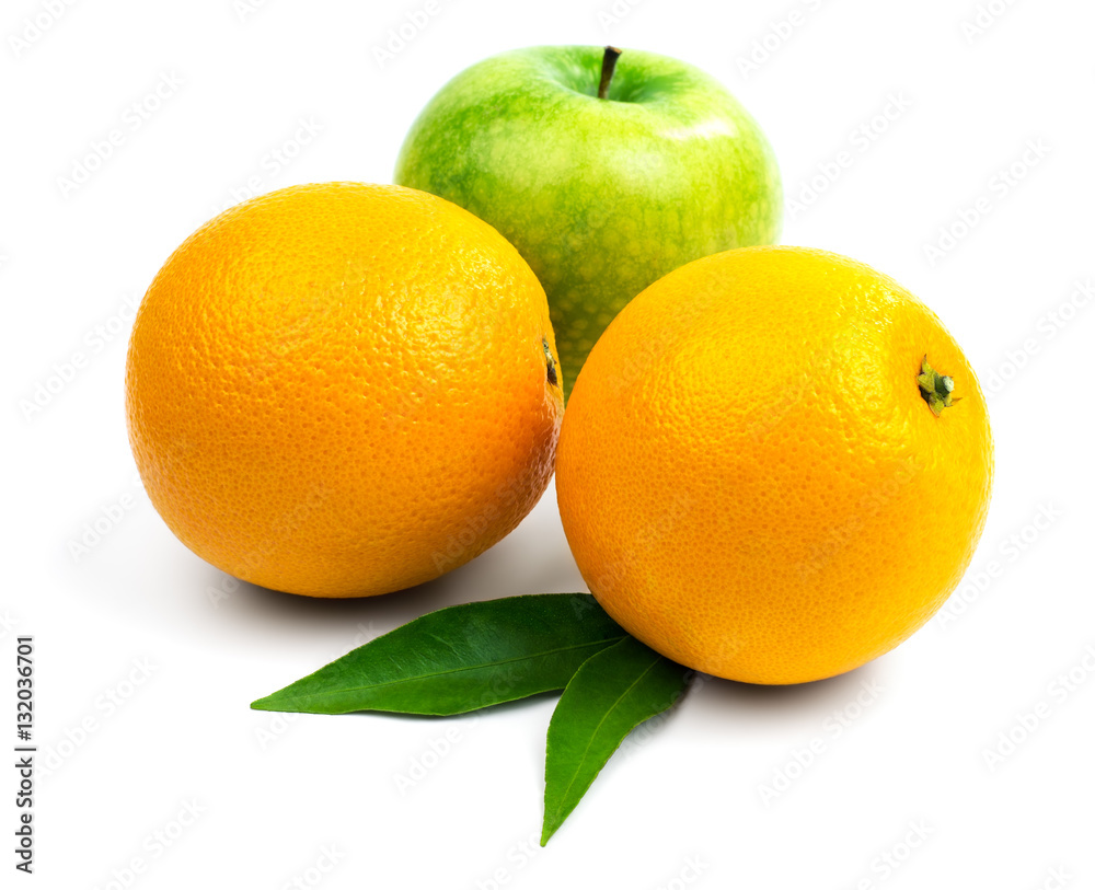 Two ripe orange and one green apple isolated on white background. Two ripe orange and one green apple isolated on white background.