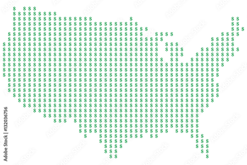 Карта Соединенных Штатов Америки, выполненная из точек в виде знаков доллара, векторная иллюстрация.