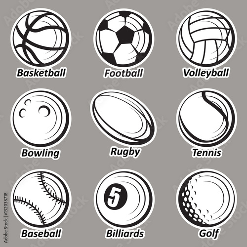 monochrome collection of various sport balls 