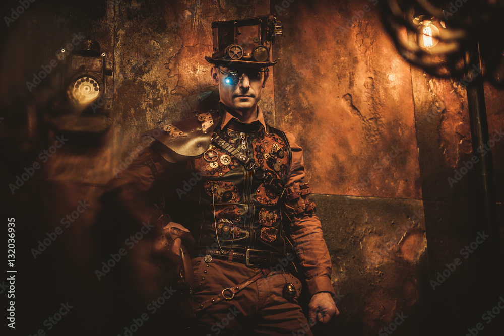 Portrait of steampunk man with various mechanical devices on vintage ...