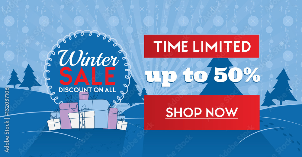 Winter sale social network banner blue with snow background, snowflakes, tree and discount.