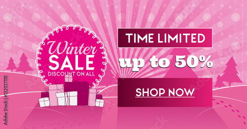 Winter sale social network banner pink with snow background, snowflakes, tree and discount.