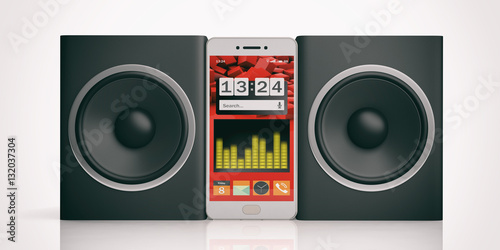 Audio speaker boxes and smartphone on white background. 3d illustration