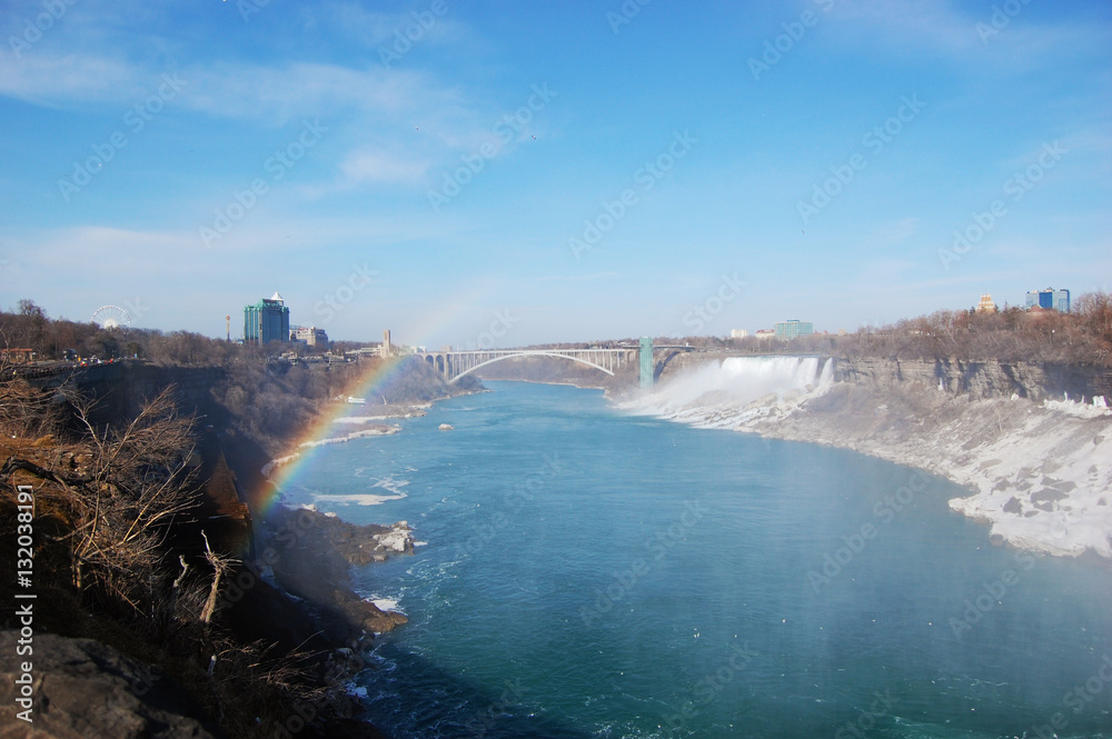 Rainbow Bridge and American Falls of Niagara Falls in winter, New York State, USA.
