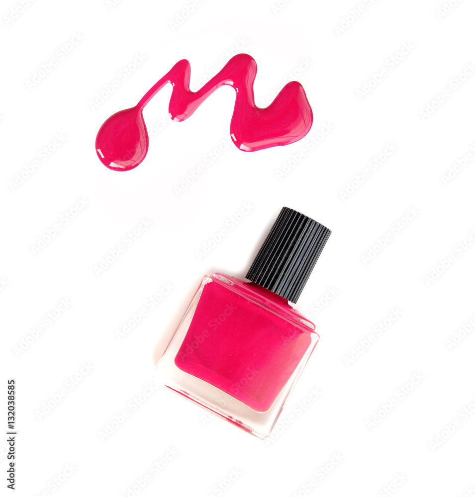 Red Nail Polish On A White Background With Space For Text Stock Foto