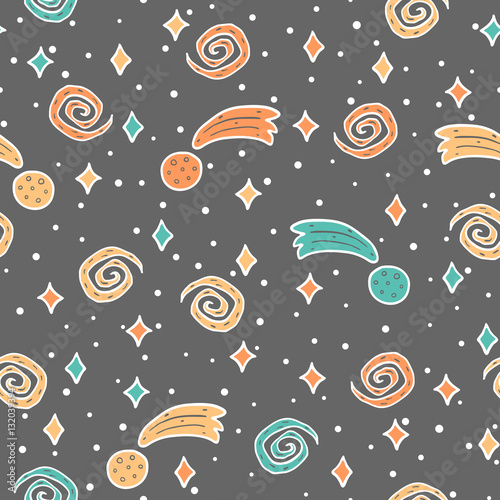Seamless pattern wirh hand drawn space, stars and asteroids. Colorful childish wallpaper on dark background. Simple design