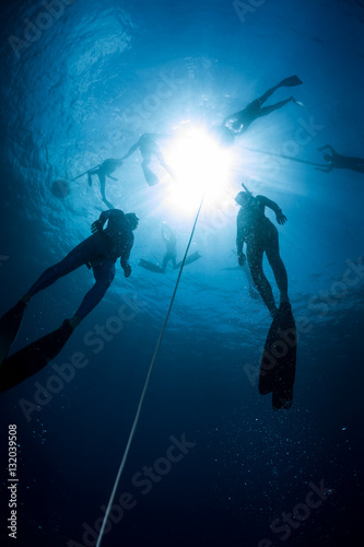 Free divers training in the tropical sea, Bali, Indonesia