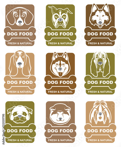 collection of various food labels with dogs heads