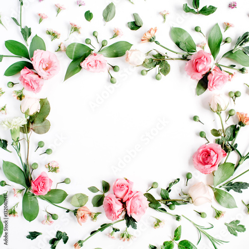 Wallpaper Mural Round frame made of pink and beige roses, green leaves, branches, floral pattern on white background. Flat lay, top view. Valentine's background Torontodigital.ca