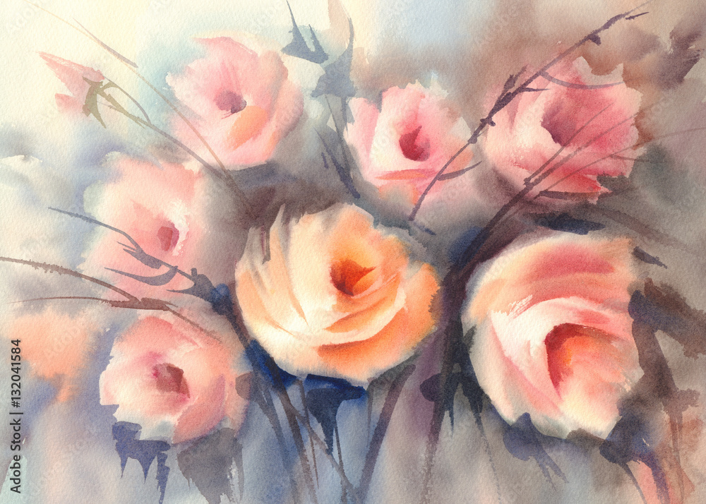 roses orange bouquet watercolor - obrazy, fototapety, plakaty 