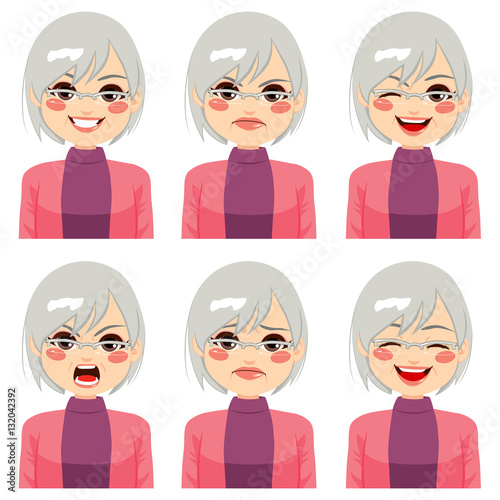 Senior adult woman making six different face expressions set