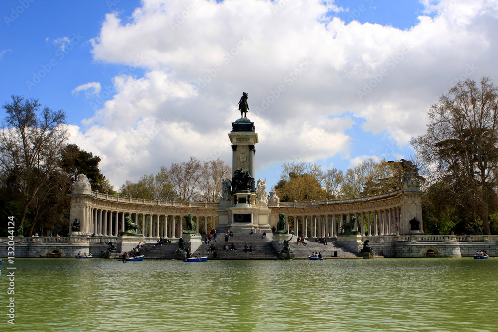 El Retiro Park from the pond in Madrid, Spain