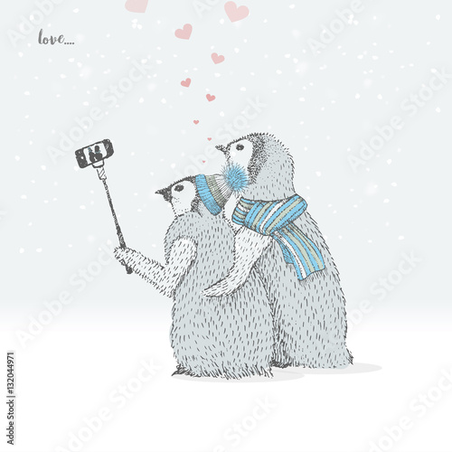 cute love penguins taking selfies. freehand drawing. vector