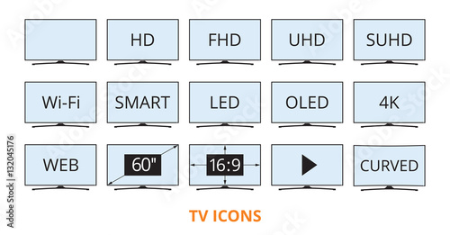 Modern TV icons in flat style with some technical parameters on blue color screens. LED smart television set symbols isolated on white background. Vector eps8 illustration.
