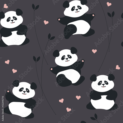 Fototapeta Naklejka Na Ścianę i Meble -  Seamless pattern with cute panda, hearts and plants