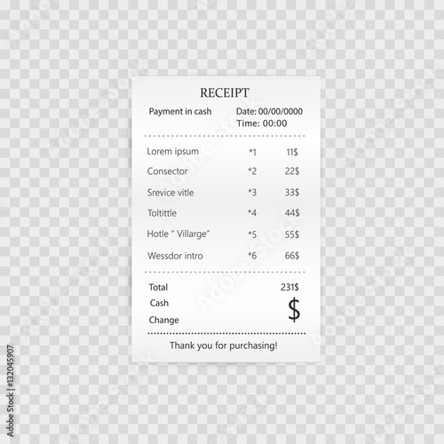 Paper check, reciepts and financial-check isolated. isolated invoice for payment on transperent background