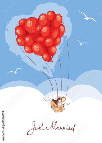 Bride and groom are leaving on a journey in a balloon / Vector illustration on the theme wedding