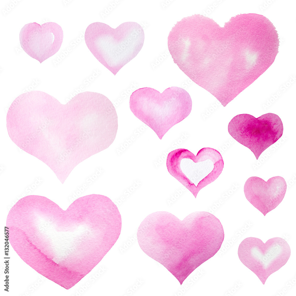 set of pink heart symbols hand painted in watercolor isolated on