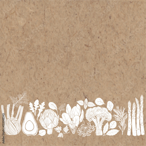 Vector background with vegetables, spices and herbs on a  kraft paper. Illustration with place for text,  can be used  creating card, menu or invitation card.