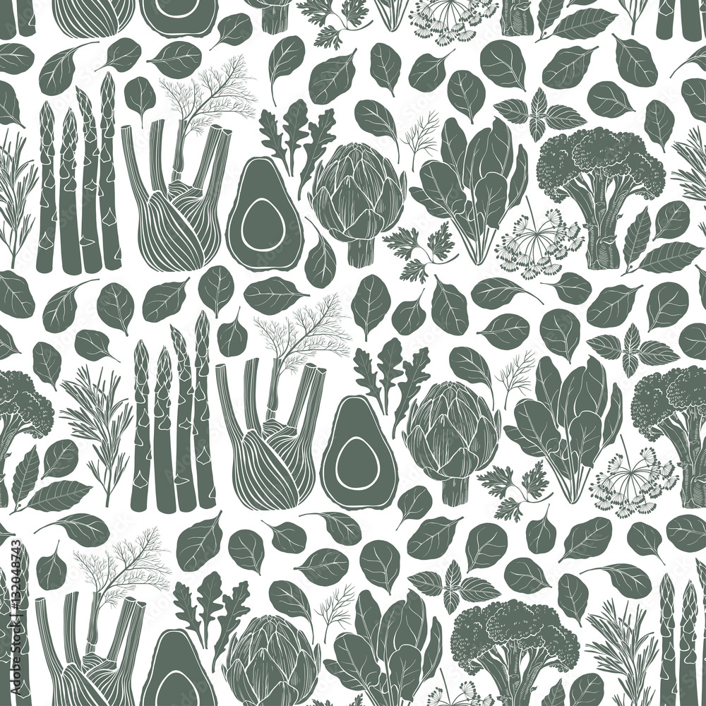 Obraz Seamless vector pattern with artichoke, spinach, broccoli, fennel, avocado, asparagus and culinary herbs. Monochrome vector illustration. Silhouettes of vegetables and culinary herbs.