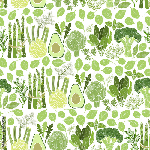Green vegetables and culinary herbs. Seamless vector pattern. Food background with artichoke, spinach, broccoli, fennel, avocado and asparagus and herbs.