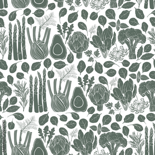 Seamless vector pattern  with artichoke, spinach, broccoli, fennel, avocado, asparagus and culinary herbs.  Monochrome vector illustration. Silhouettes of vegetables and culinary herbs.