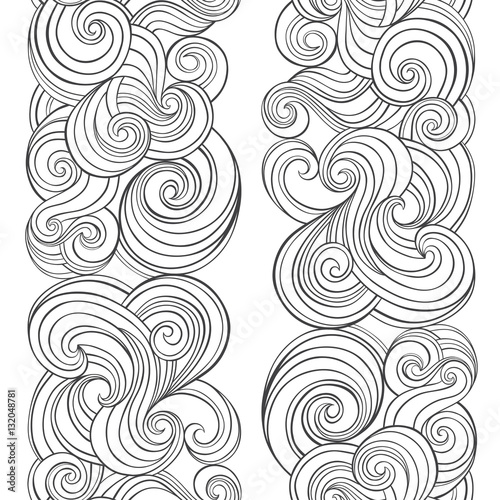 Vector seamless pattern with waves. Black and white hand-drawn illustration. Outline drawing on a white background.