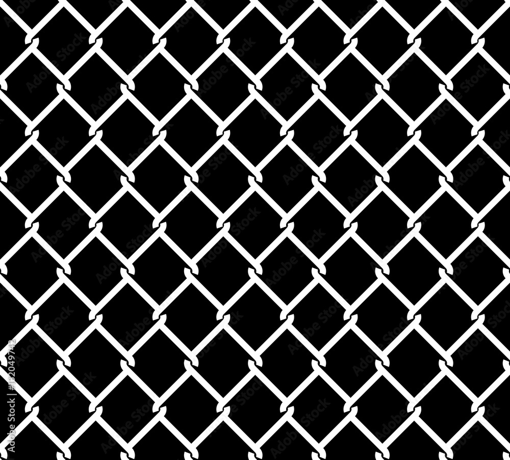 Wired steel fence seamless texture overlay. Metallic wire mesh isolated on black background. Stylized vector pattern.
