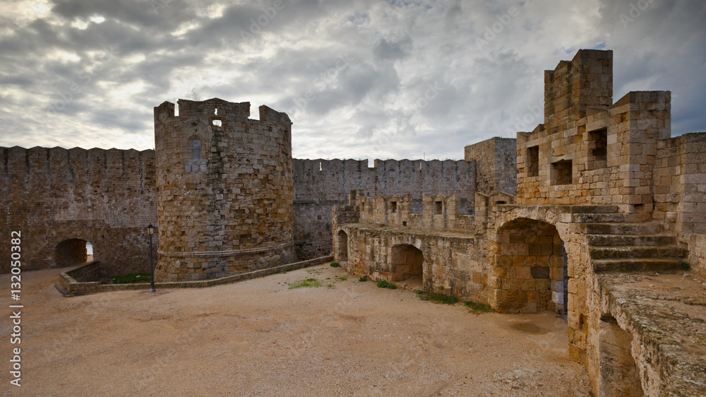 Medieval city walls of Rhodes town.