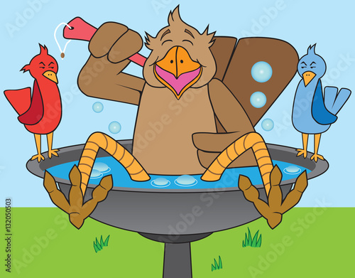 Large bird is annoying others by hogging the bath