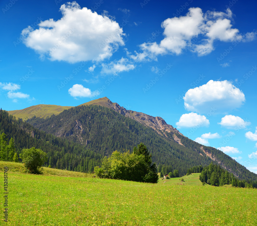 Beautiful Alpine landscape with mountain range. Canton Graubunden in Switzerland.