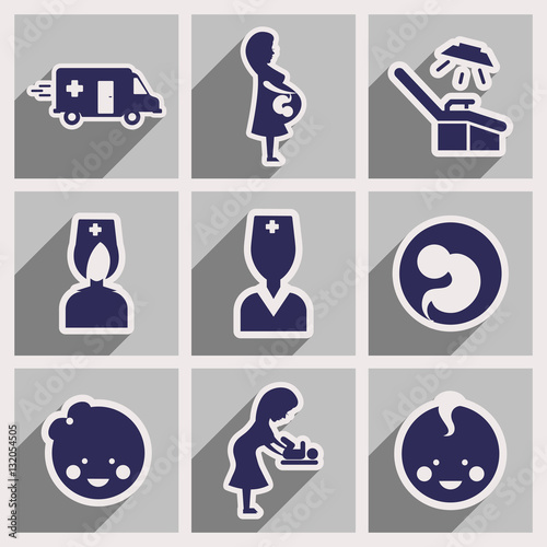 Set flat icons with long shadow Pregnancy and childbirth 