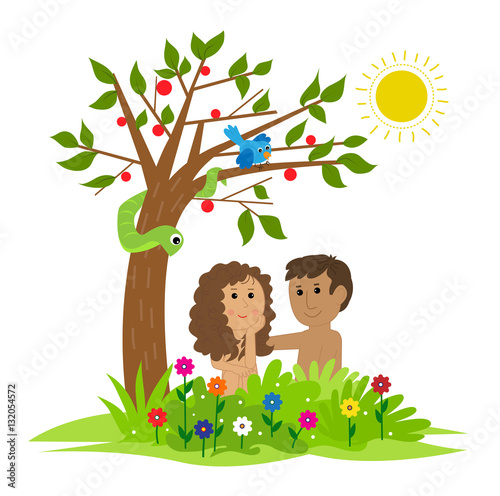 Adam and Eve - Cute clip art of Adam and Eve sitting under a tree in the garden of Eden. Eps10