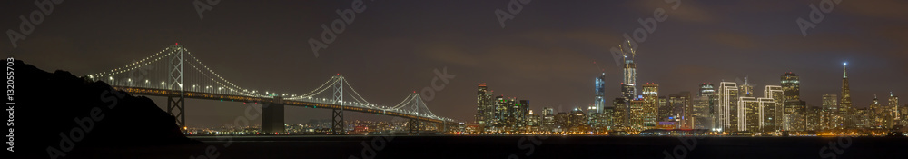 Happy Holidays San Francisco Panoramic Skyline. Treasure Island, San Francisco, California, USA.