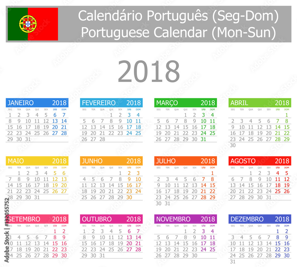 2018 Portuguese Type-1 Calendar Mon-Sun on white background