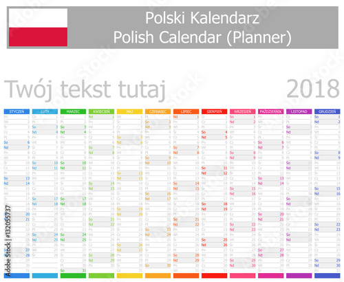 2018 Polish Planner Calendar with Vertical Months on white background