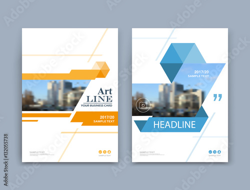Abstract a4 brochure cover design. Info banner text frame. Urban city view font. Title sheet model set. Modern vector front page. Brand logo texture. Orange, blue triangle image icon. Ad flyer fiber