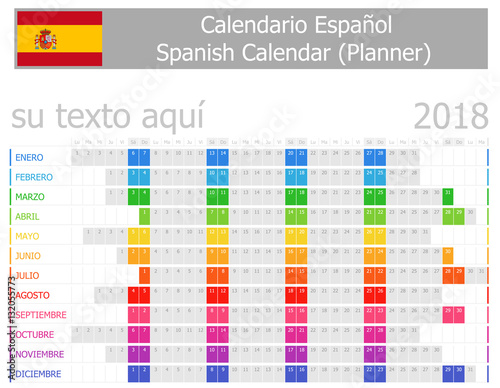 2018 Spanish Planner Calendar with Horizontal Months on white background