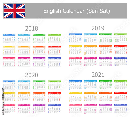 2018-2021 English Type-1 Calendar Sun-Sat on white background