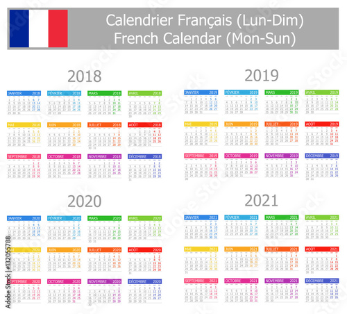 2018-2021 French Type-1 Calendar Mon-Sun on white background