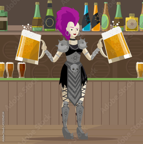 heavy metal punk girl with two beers photo