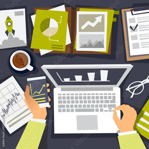 business analytics. research business strategy. analyst and creating graphics. flat vector illustration